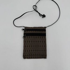 Brown Geometric Crossbody Travel Pouch with Dual Zipper Compartments & Strap